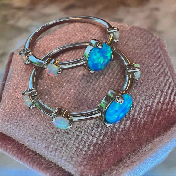 New!Blue and white Opal ring stacking set of 2. Set in solid 925 Sterling Silver - Picture 6 of 17